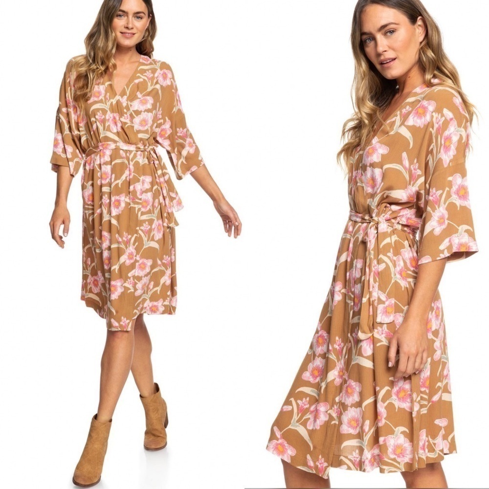 NWT Roxy‎ Privy Places Kimono Wrap Dress Brown Pink Floral Size Small
